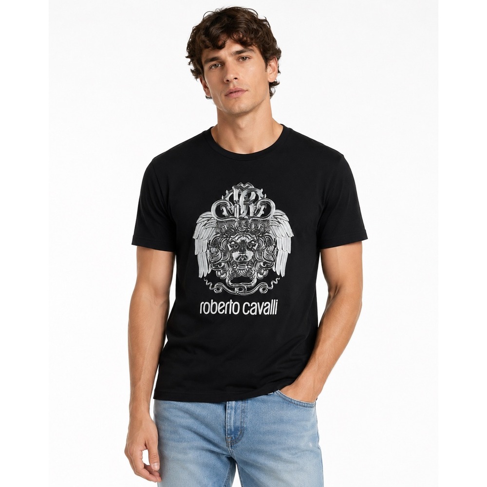 Roberto Cavalli T-Shirt Mens XL Black Excellent Lion Graphic HST601 A#475